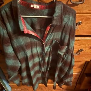 Source Unknown Teal and Red Plaid Button Down flannel shirt
